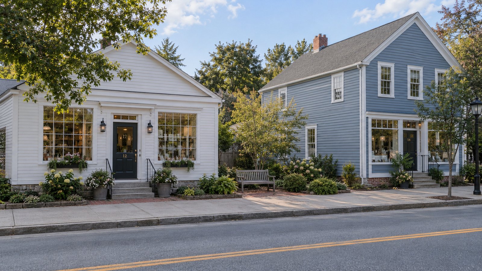 White and blue clapboard storefronts with entrance steps, a bench and a sidewalk.