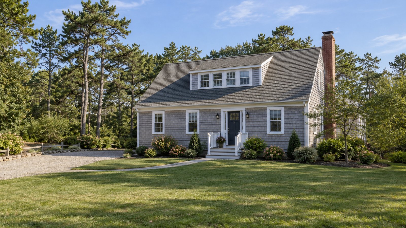 A complete gray-shingle Cape cottage with a front stoop, lawn and private gravel driveway.