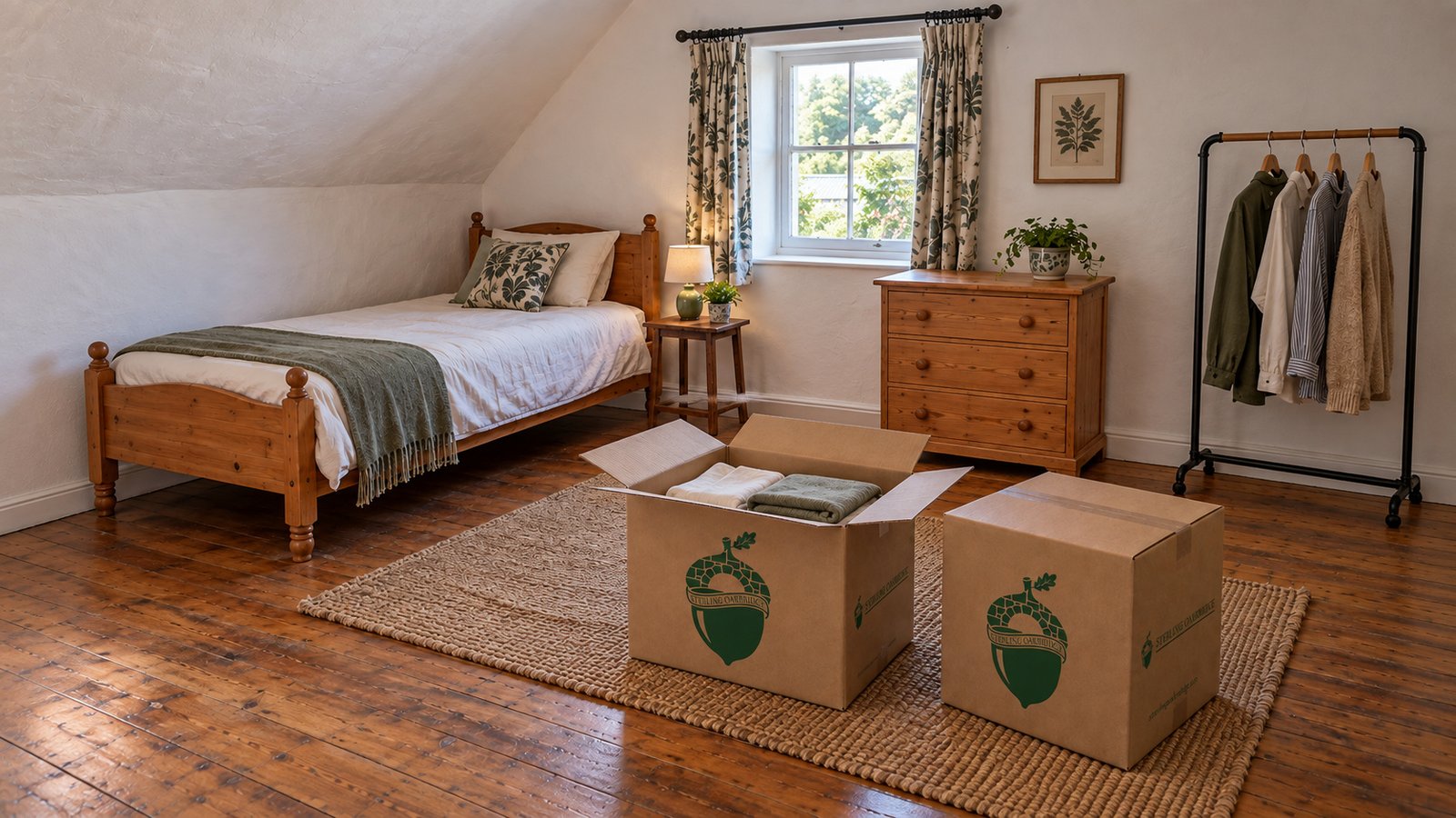 A single wooden bed, chest of drawers and clothes rail beside open and closed kraft cartons containing folded linens.
