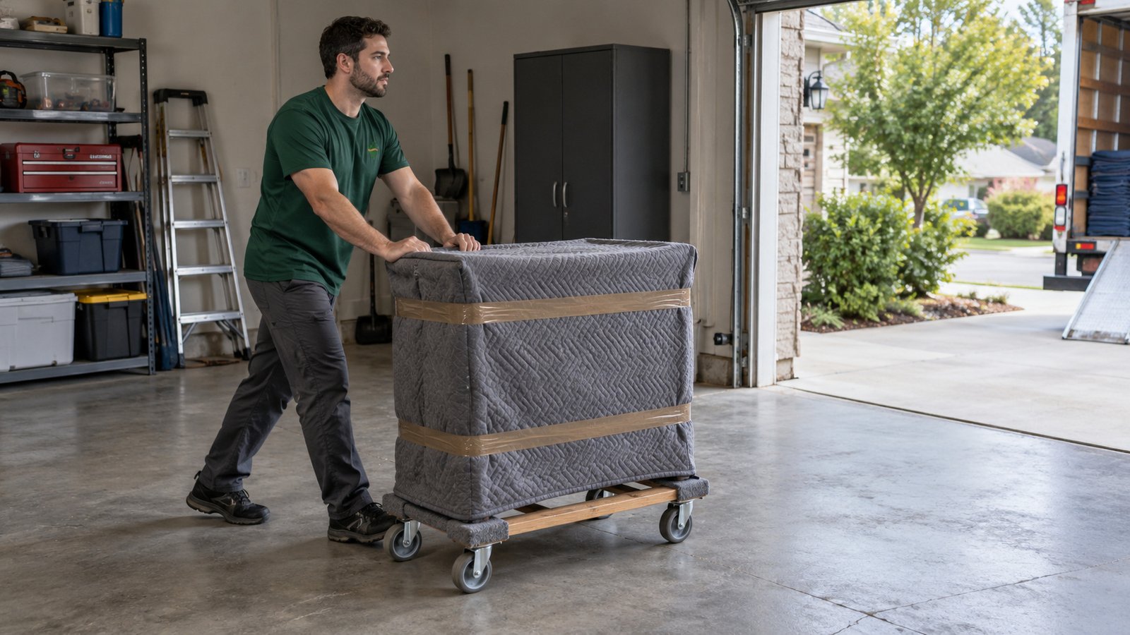 A male mover rolling a gray-blanket-wrapped chest on an open wooden furniture dolly across a garage floor.