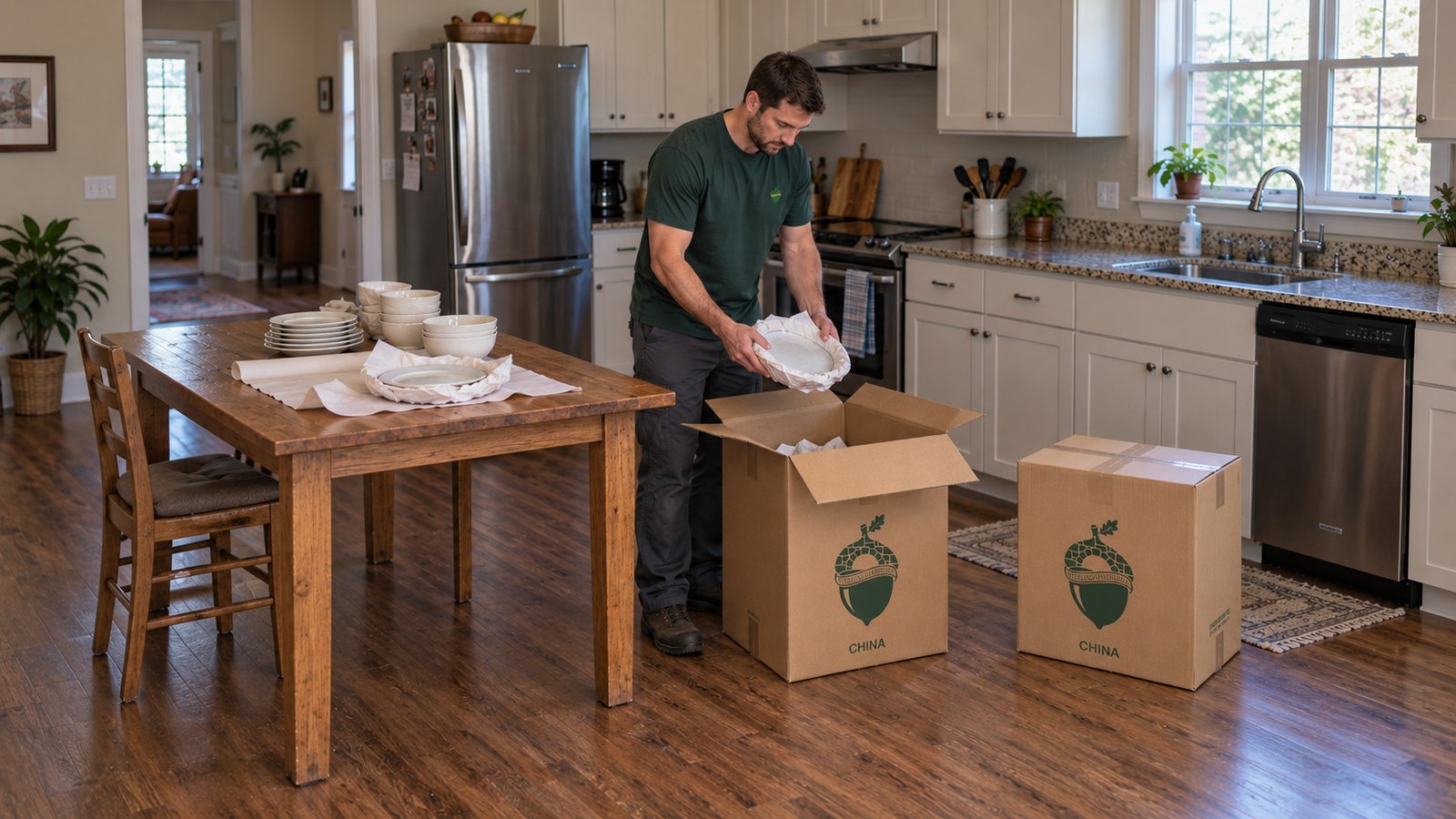 A male mover holding a paper-wrapped plate over an open kraft China carton beside a wooden kitchen table.