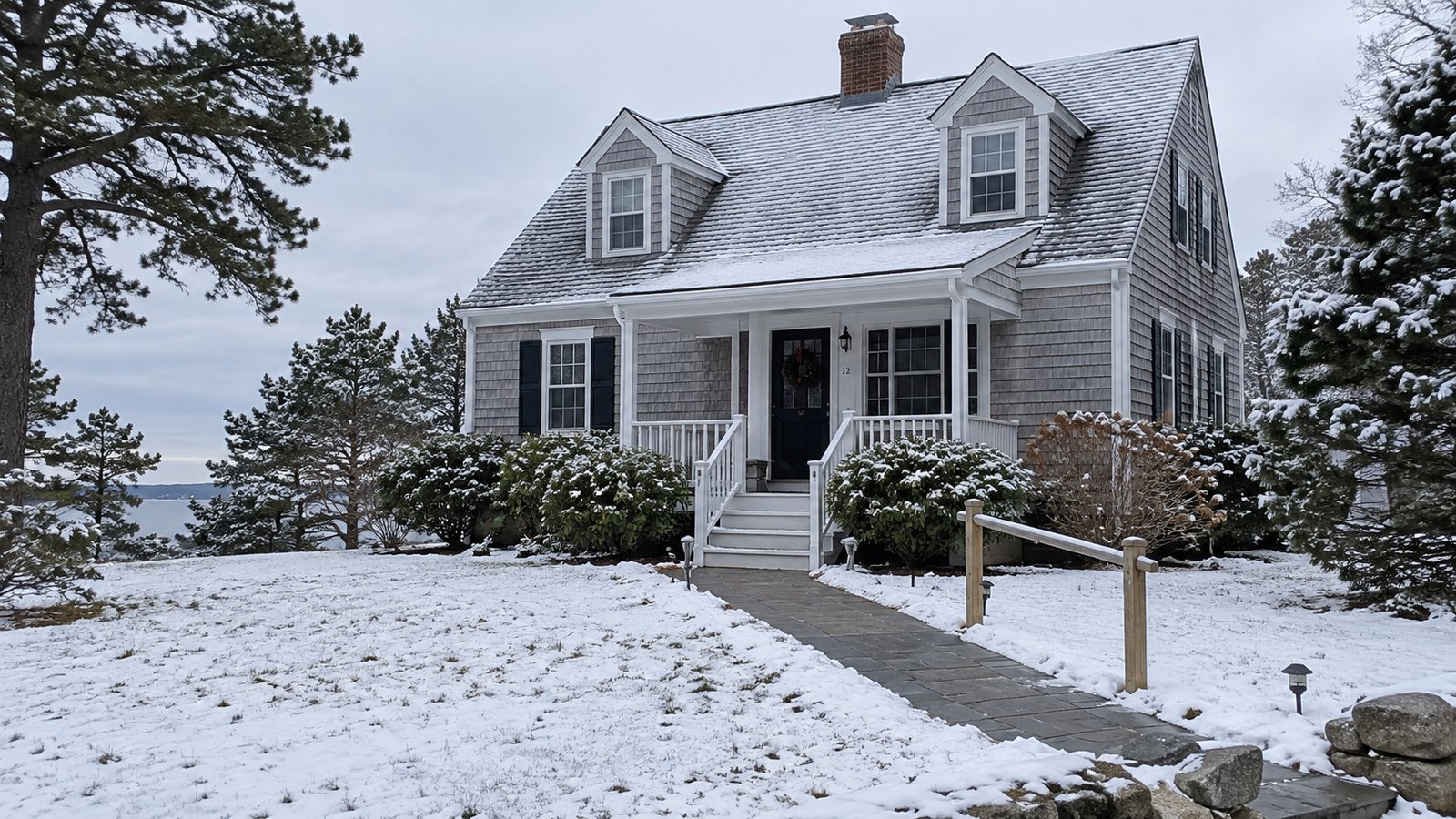 A complete gray-shingle Cape cottage with a cleared front walk and porch steps after light snow.