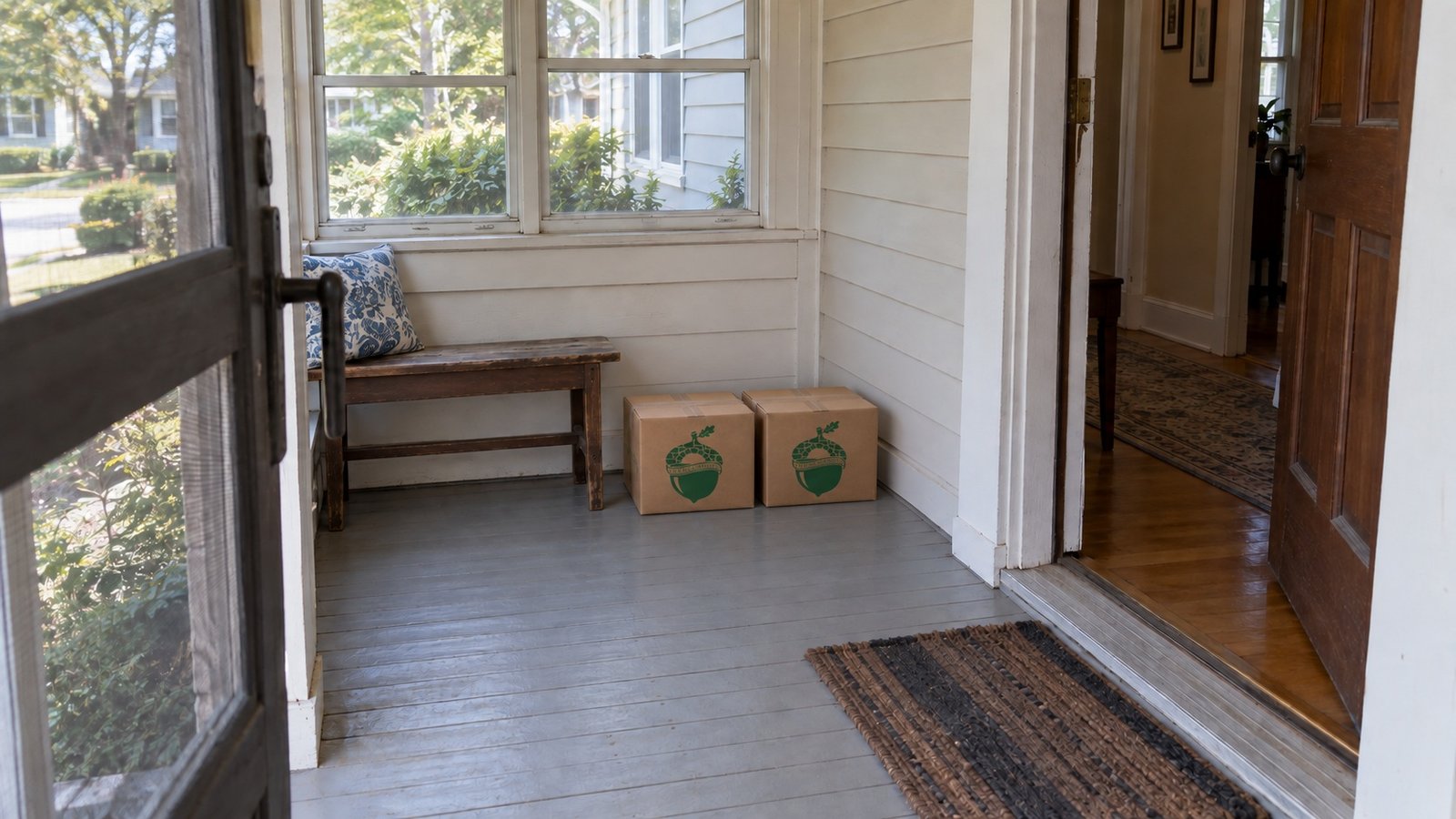 From the porch into the hall Open screen door and inner house doorway connected by an enclosed porch, with two small cartons beside a bench