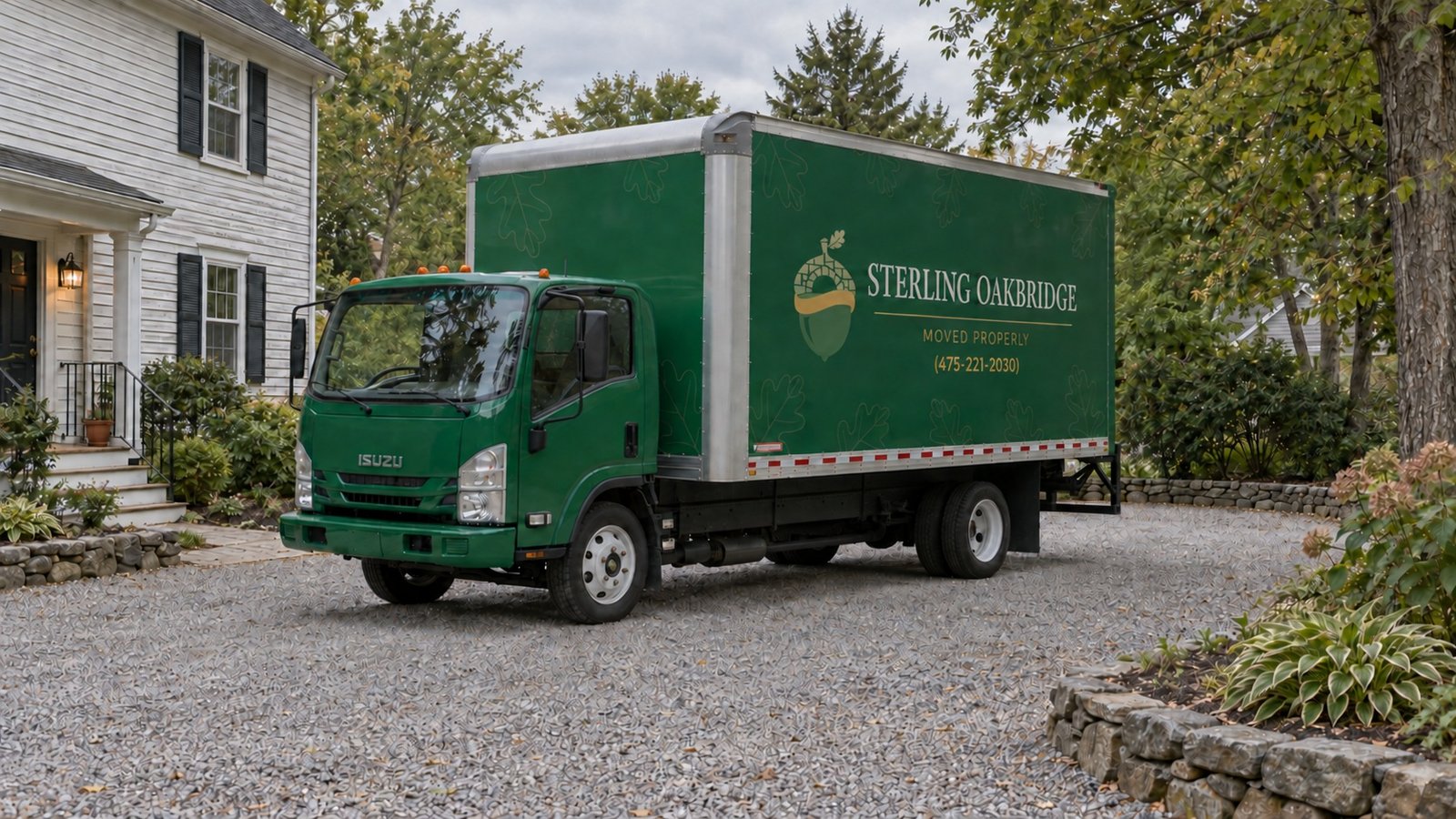 Moving truck in a private driveway Green Sterling Oakbridge Isuzu box truck parked on a gravel turning area beside a clapboard house