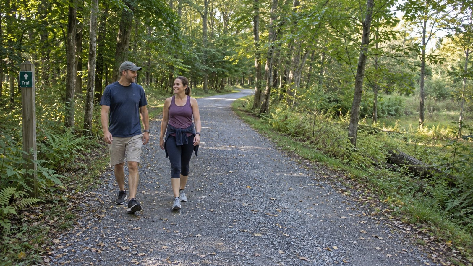 Two adults walking together on a broad crushed-stone trail among deciduous trees