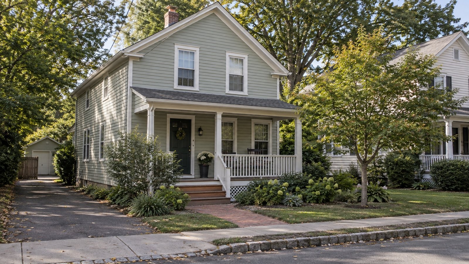 Clapboard home and covered porch Two-story pale clapboard house with a covered porch, brick path and a narrow driveway beside it