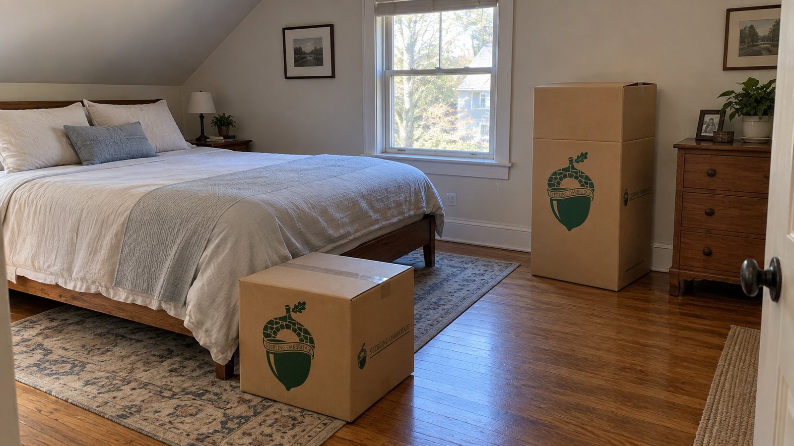 Bedroom with a sloping ceiling, double bed, wooden chest, tall wardrobe carton and smaller linen carton