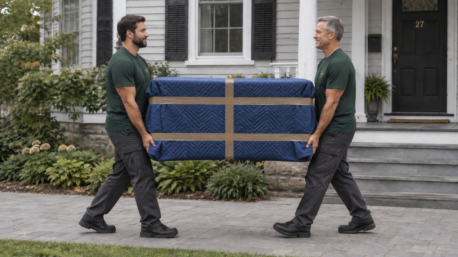 Carrying protected furniture Two male Sterling Oakbridge movers carrying a small chest covered in blue quilted blankets secured with brown packing tape