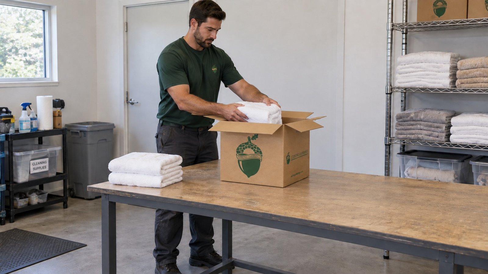 Packing household linen Male mover in a green Sterling Oakbridge shirt lowering folded towels into an open kraft carton on a worktable