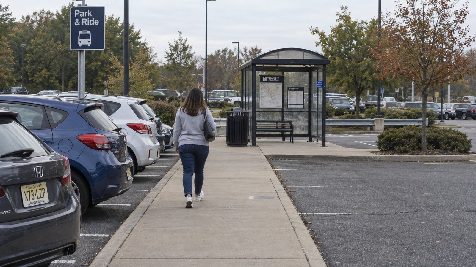 Woman walking along a paved path between parked cars toward a bus shelter