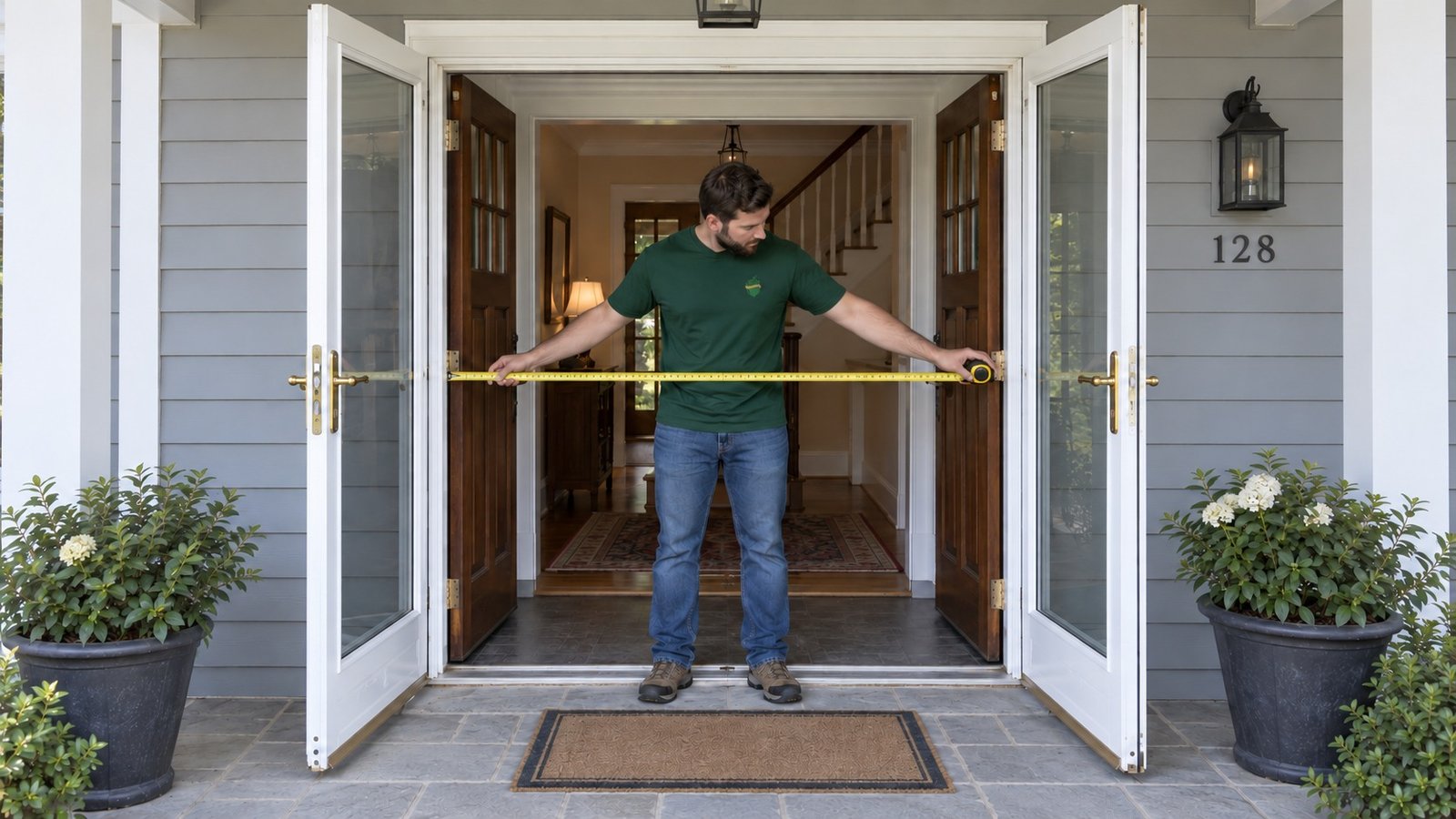 Measuring the entrance A male mover in an approved dark green Sterling Oakbridge shirt measuring an open paired entrance with a horizontal tape.