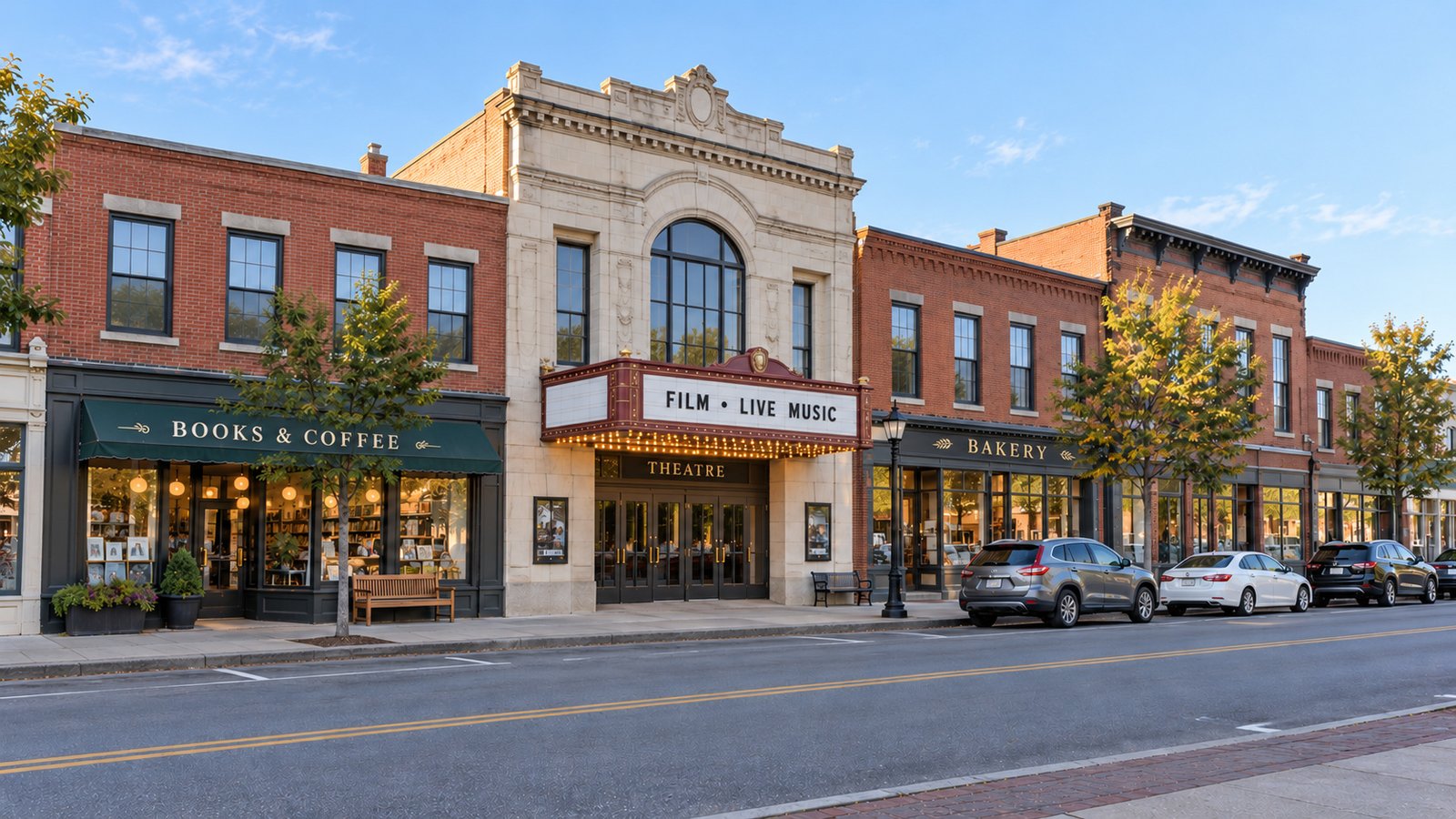 Brick storefronts and a theater with natural readable books-and-coffee, bakery and theater signage.