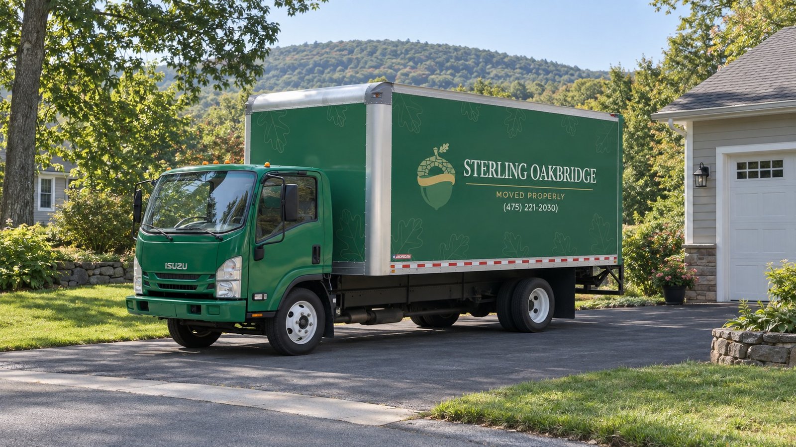 Private truck standing space The approved green Sterling Oakbridge NPR16 truck standing on a private paved driveway beside a garage.