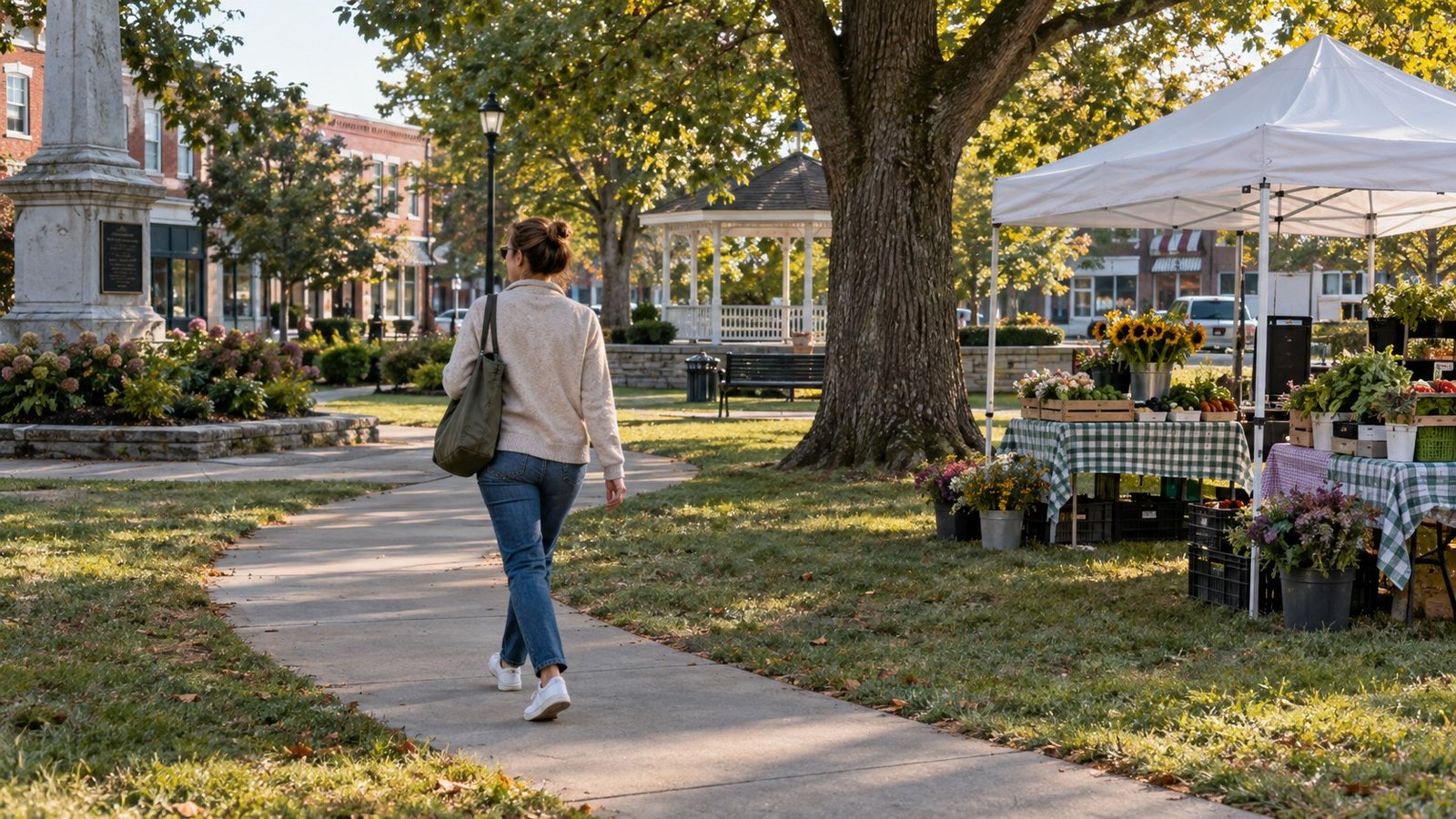 An everyday village walk An ordinary resident walking on a village commons path beside a produce-market tent.
