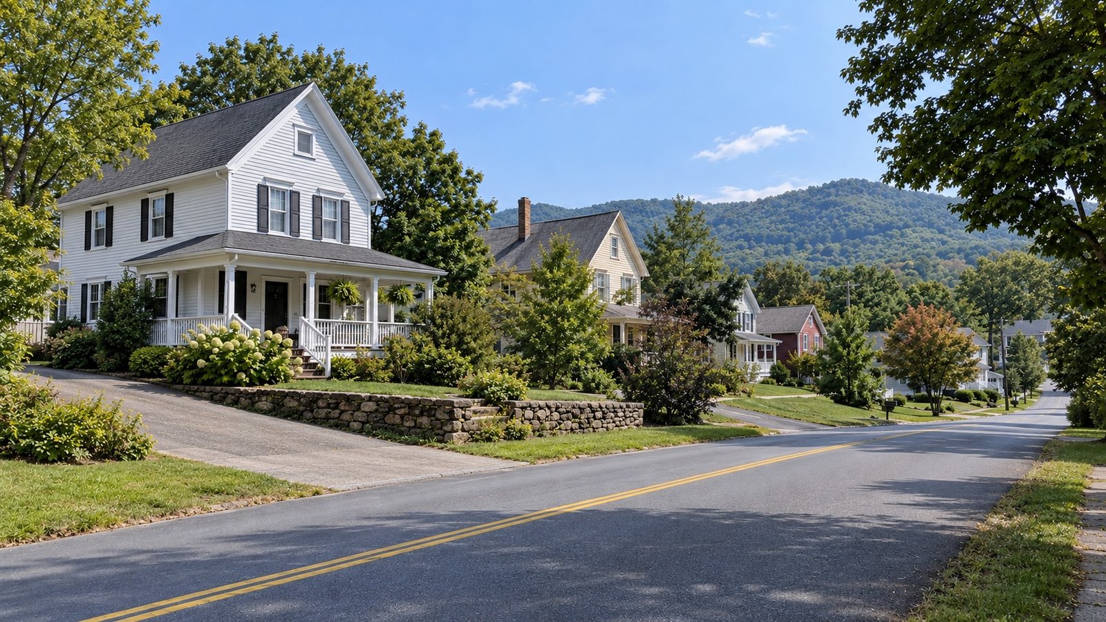 A valley-village street Older houses, porches and connected driveways along a representative valley-village street.