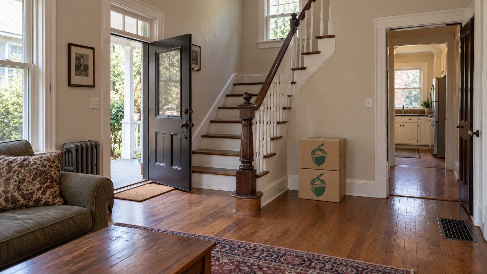 Inspect the entry and stair A lived-in interior with an entry door, lower staircase, kitchen passage and two small closed Sterling Oakbridge Book cartons.