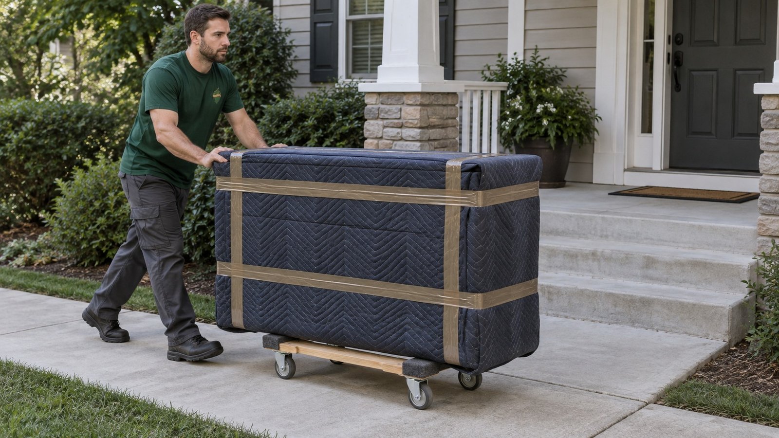 Guiding the protected dresser A male Sterling Oakbridge mover guiding a fully blanket-protected dresser on a compact open-frame hardwood furniture dolly along a level path.
