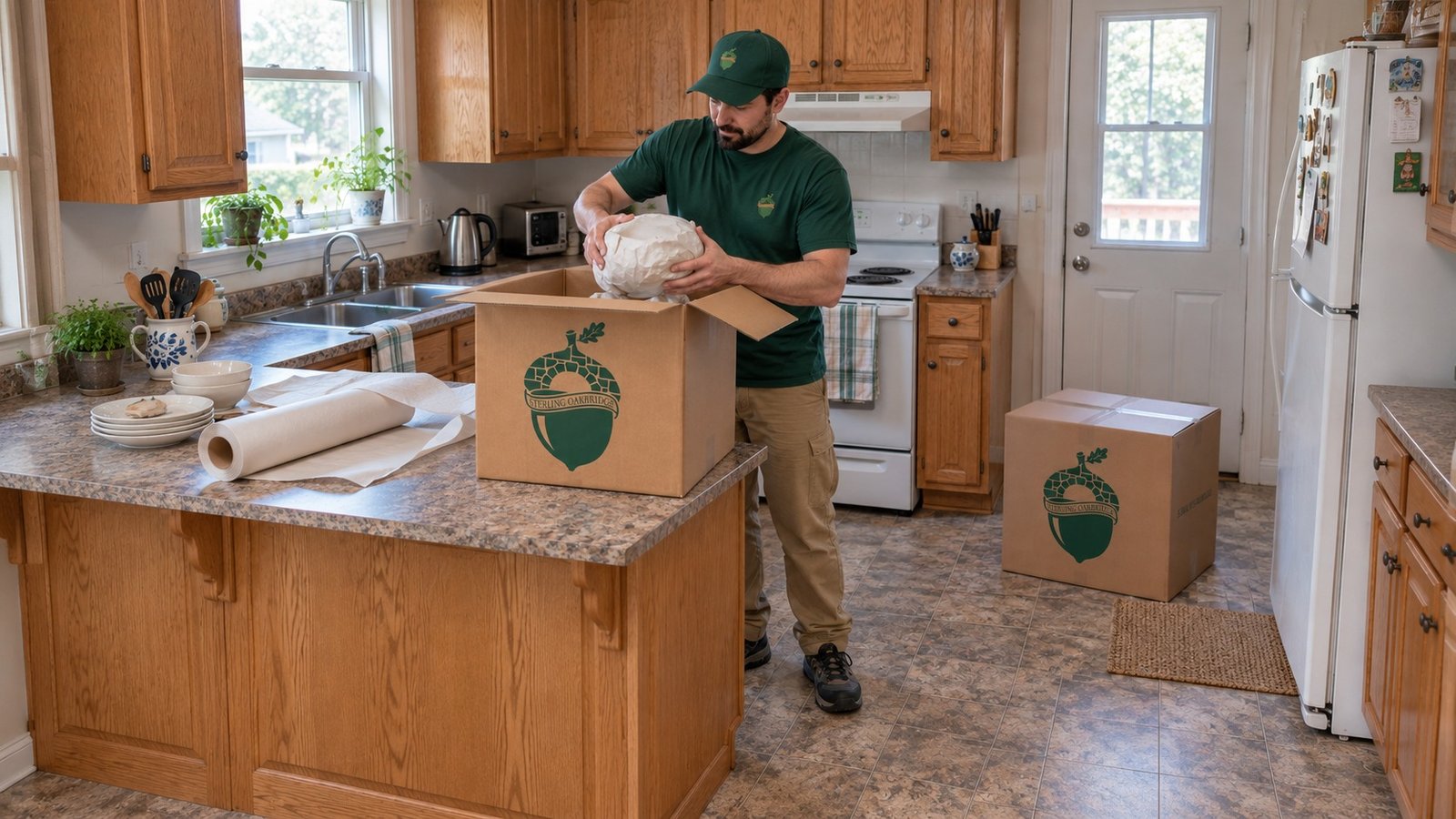 Packing the kitchen A male Sterling Oakbridge mover placing one paper-wrapped kitchen item into an approved open Medium carton, with a matching closed carton on the floor.