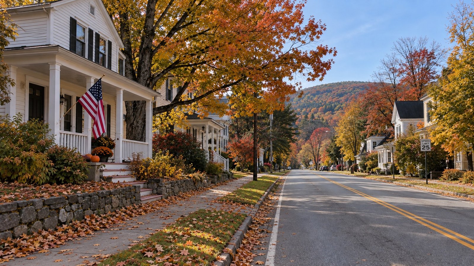 Autumn in the valley A representative residential street with porches, autumn leaves and distant hills.
