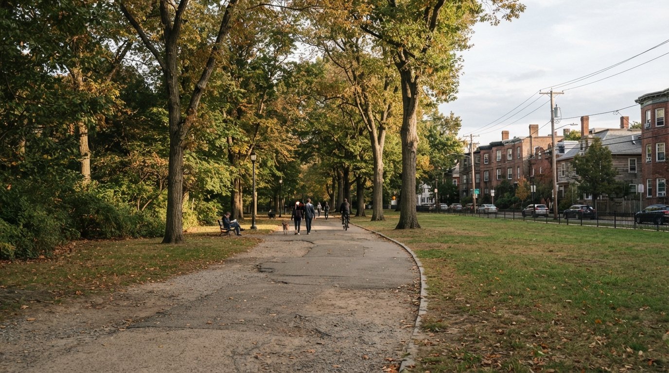 People walking along a path between grass, trees and neighborhood buildings.
