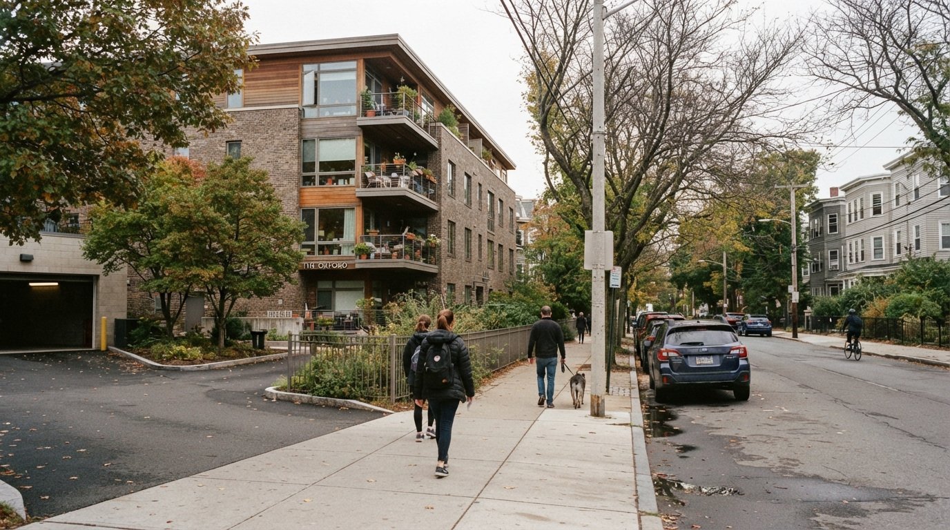 An apartment building beside a sidewalk with pedestrians and trees.