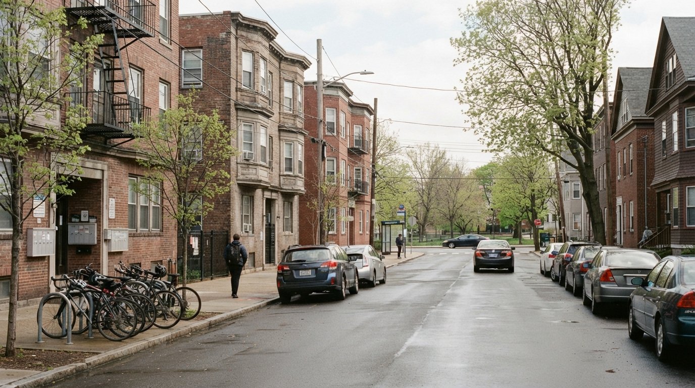 A residential street with brick buildings, bicycles and parked cars.