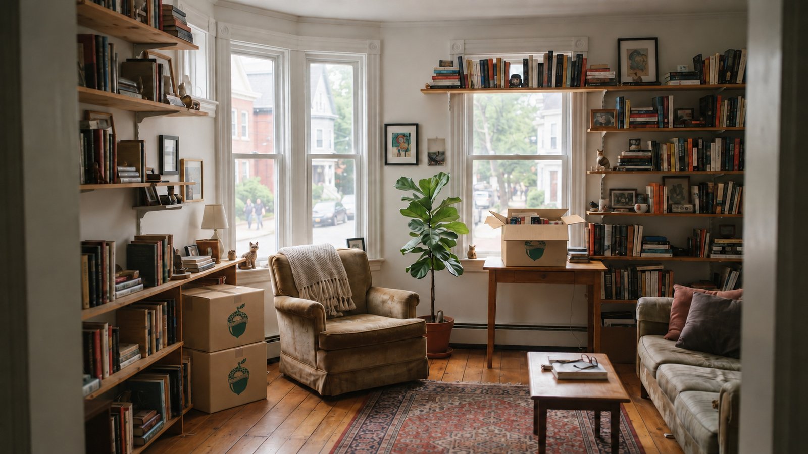 Three small Sterling Oakbridge book cartons in a furnished reading room, with an open box on the desk and two closed boxes beside a shelf.