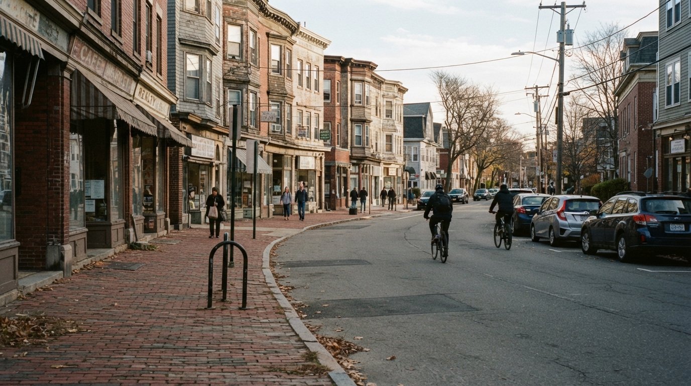 A cyclist and pedestrians along a street with shops, brick sidewalks and parked cars.