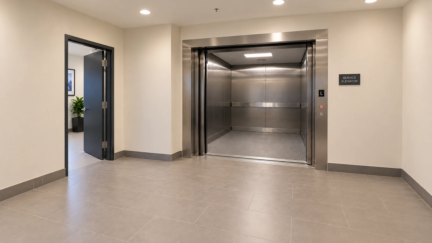 An open service elevator and a separate connecting doorway with clear transfer space