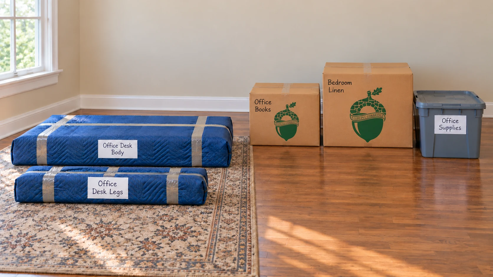 Keep the prepared desk parts and the other belongings identified together A protected desk body, matching protected leg bundle, two cartons and a customer tote stand on the floor