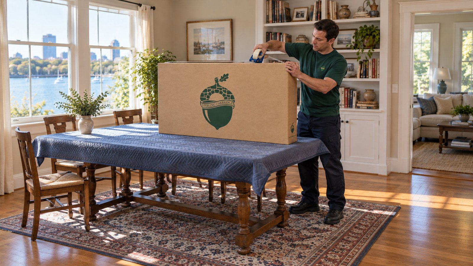 A whole mover seals the top seam of a flat picture carton on a complete quilt-covered table