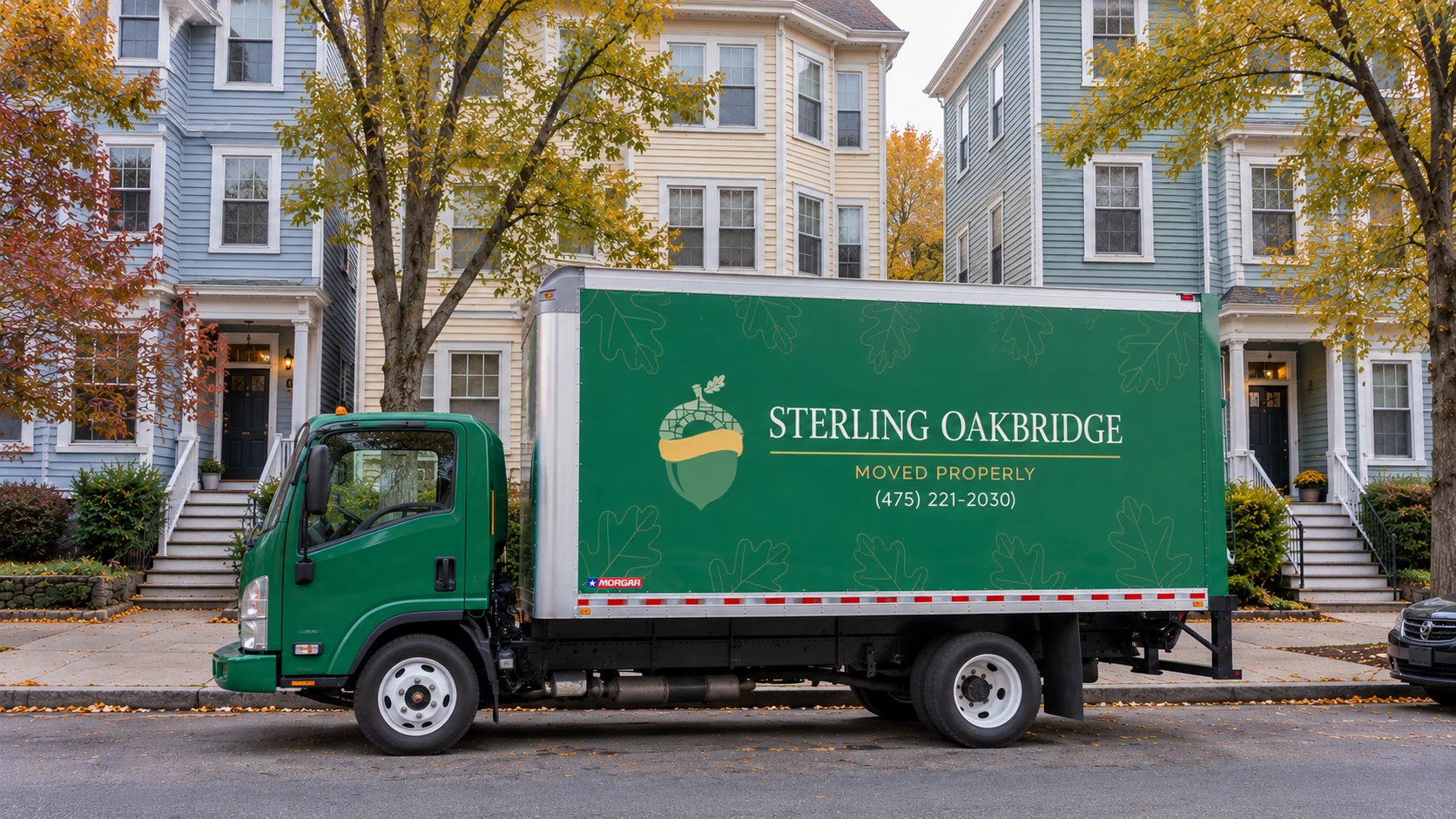 Match the moving entrance and the truck position A whole moving truck stands beside wood-frame bay-front homes