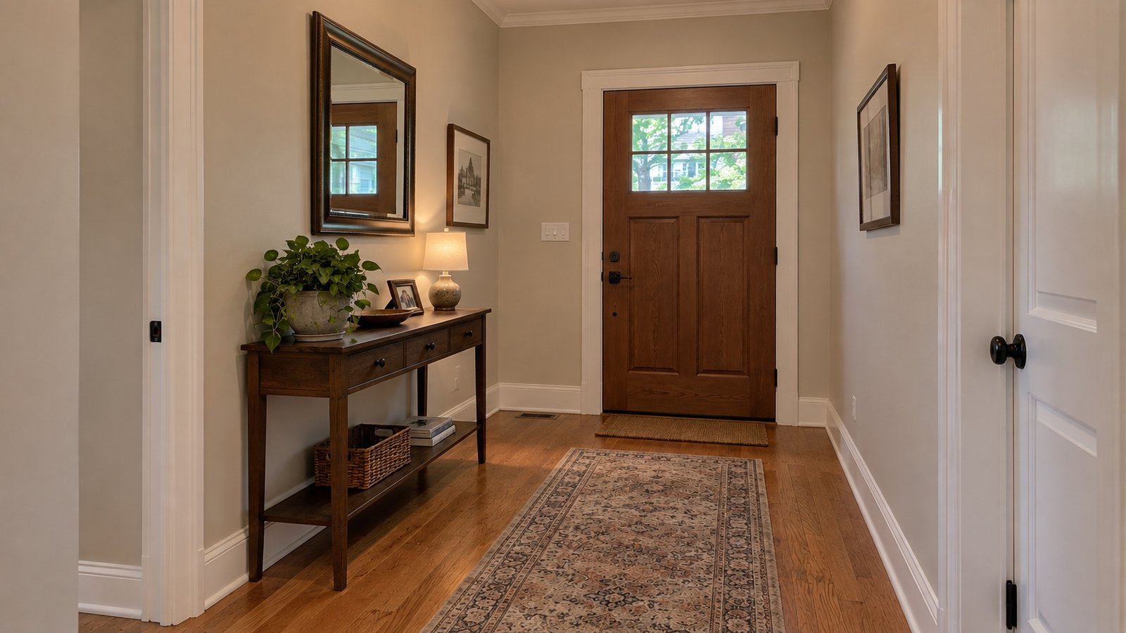 A wooden front door, narrow console table and wall mirror beside a clear wood-floor hallway