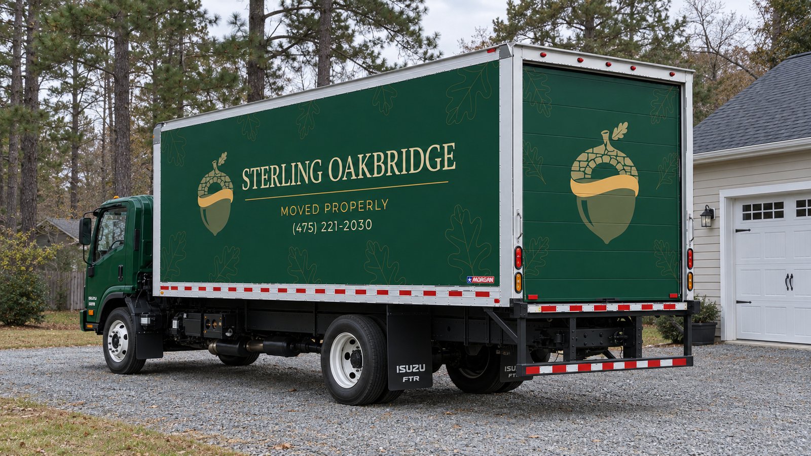 A green Sterling Oakbridge Isuzu box truck viewed from the rear quarter on a gravel apron beside a garage