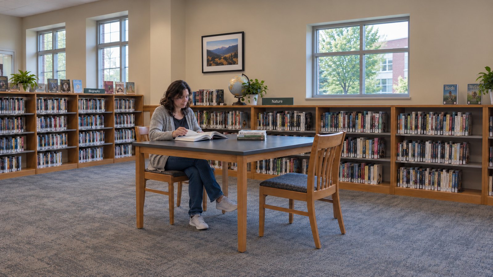 A woman reads an open book at a rectangular table with two wooden chairs in a community library room