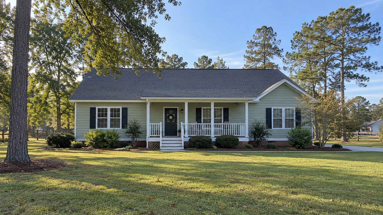 A pale sage house with a gabled roof, covered porch and steps stands on a broad lawn among mature trees