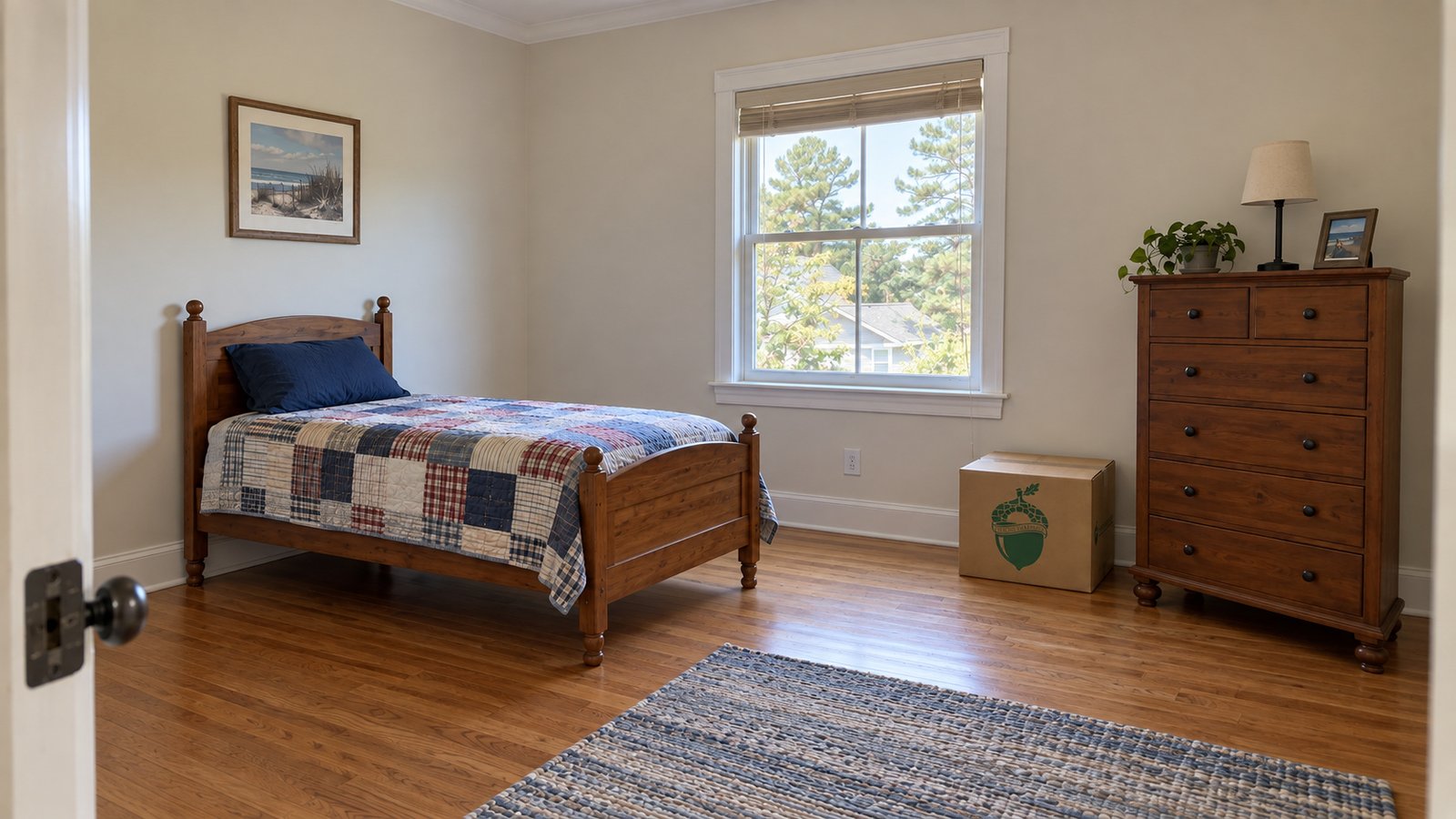 A wooden twin bed with a patchwork quilt, a chest of drawers and a small closed branded book carton in a bedroom