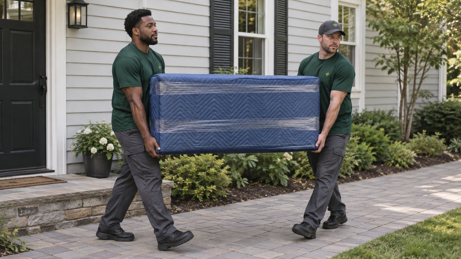 Two movers in green Sterling Oakbridge shirts carry a compact piece of furniture covered in a blue blanket and clear wrap along a paved path