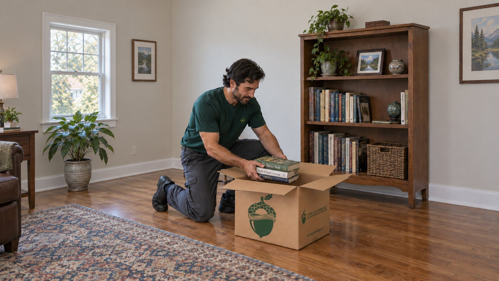 A mover in a green Sterling Oakbridge shirt kneels beside a small open branded carton and lowers a stack of books with both hands
