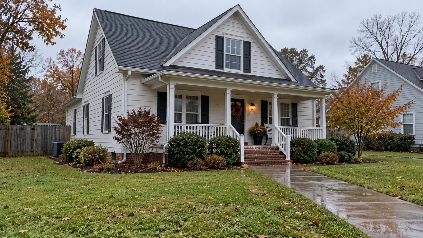 A pale clapboard home with a covered porch, downspout and wet paved walkway among autumn trees