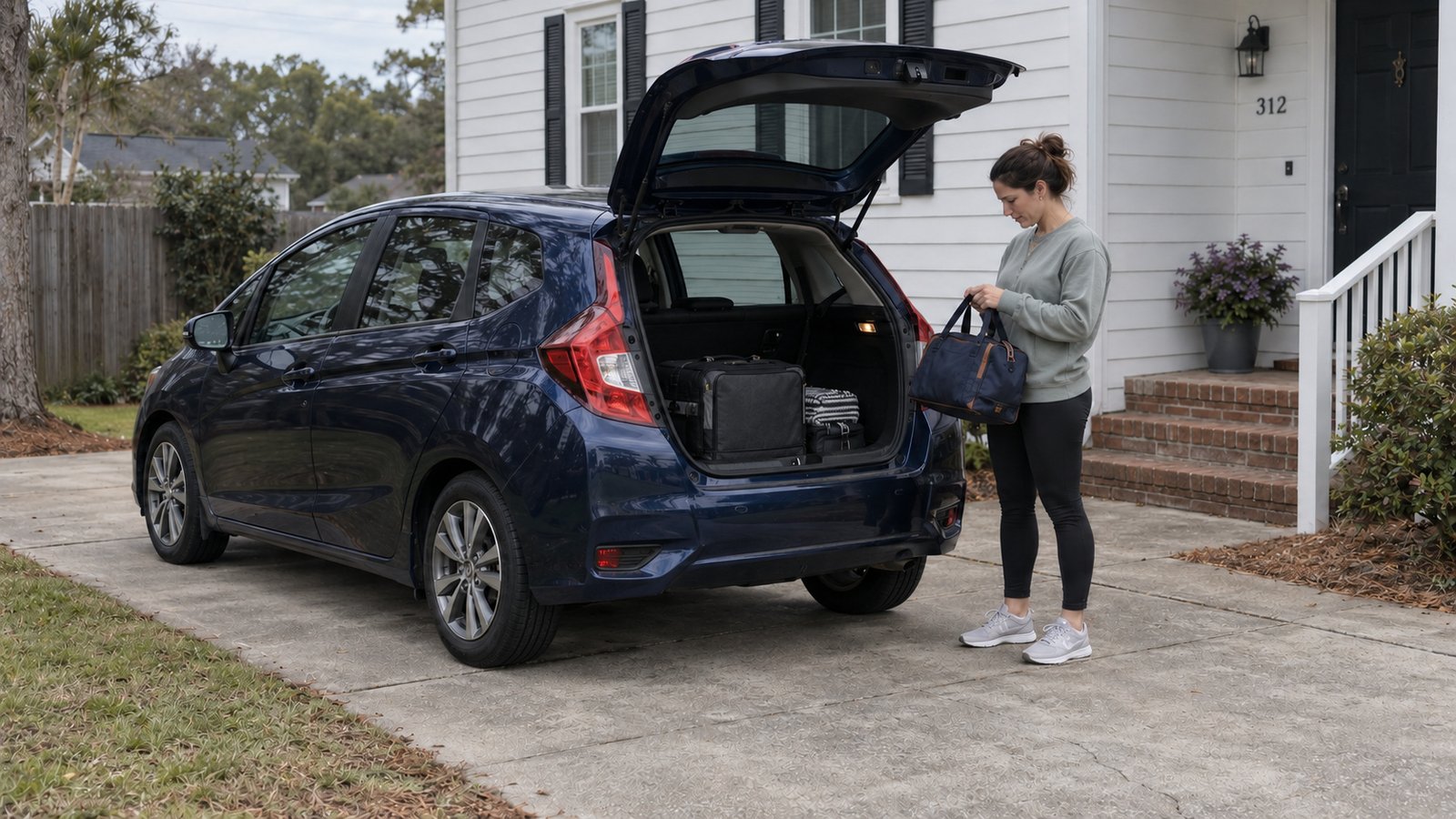 A woman holding an overnight bag stands beside a blue hatchback with its rear hatch open on a private driveway