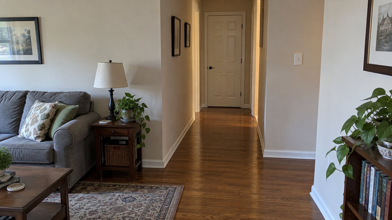 The turns beyond the entrance A clear hardwood route from a living room into a narrow hall ending at a closed interior door.