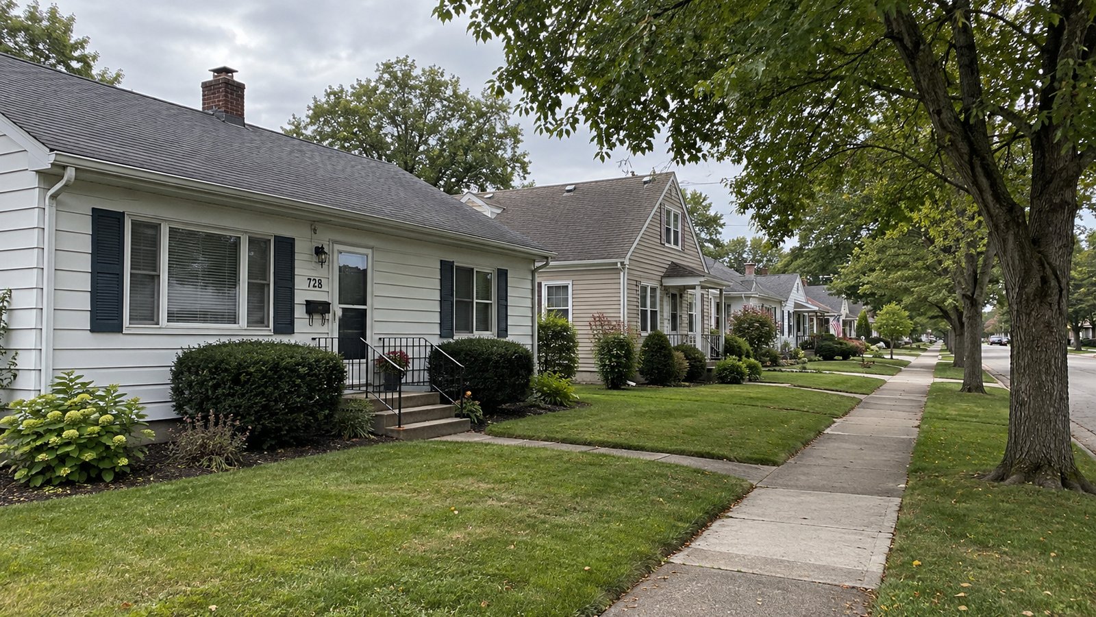 A continuous sidewalk beside small homes, lawns and mature trees along a quiet residential street.