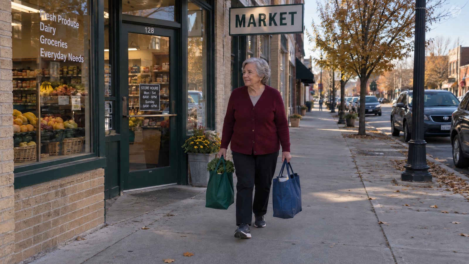 An older woman carrying two reusable grocery bags along a sidewalk outside a small market.