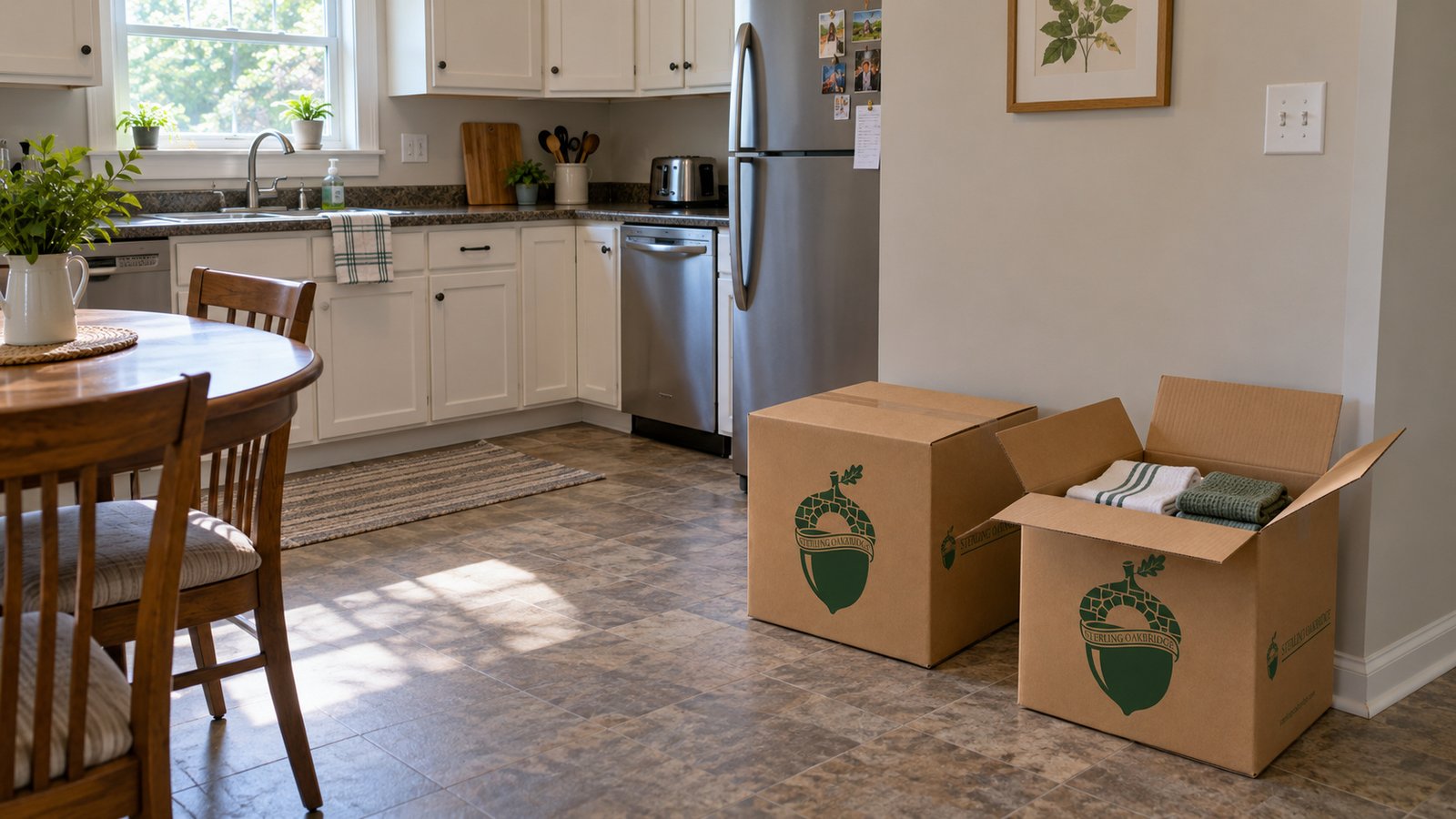 A usable kitchen with two separate branded kraft cartons beside a wall, one open with folded tea towels.