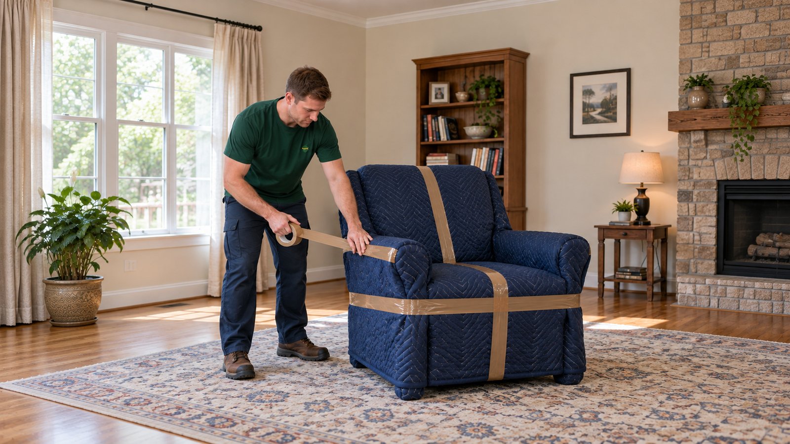 Protection before carrying A male mover securing blue quilted blankets around an armchair with horizontal and vertical brown tape.