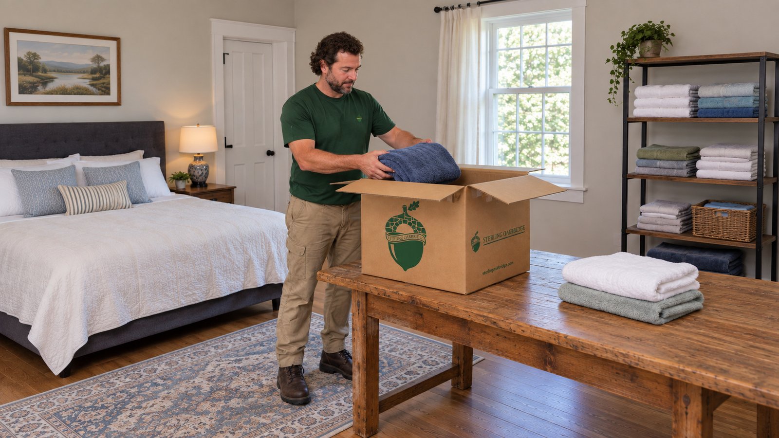 Packing the linen task A male packer lowering a folded blue towel into an open branded kraft carton on a wooden worktable.