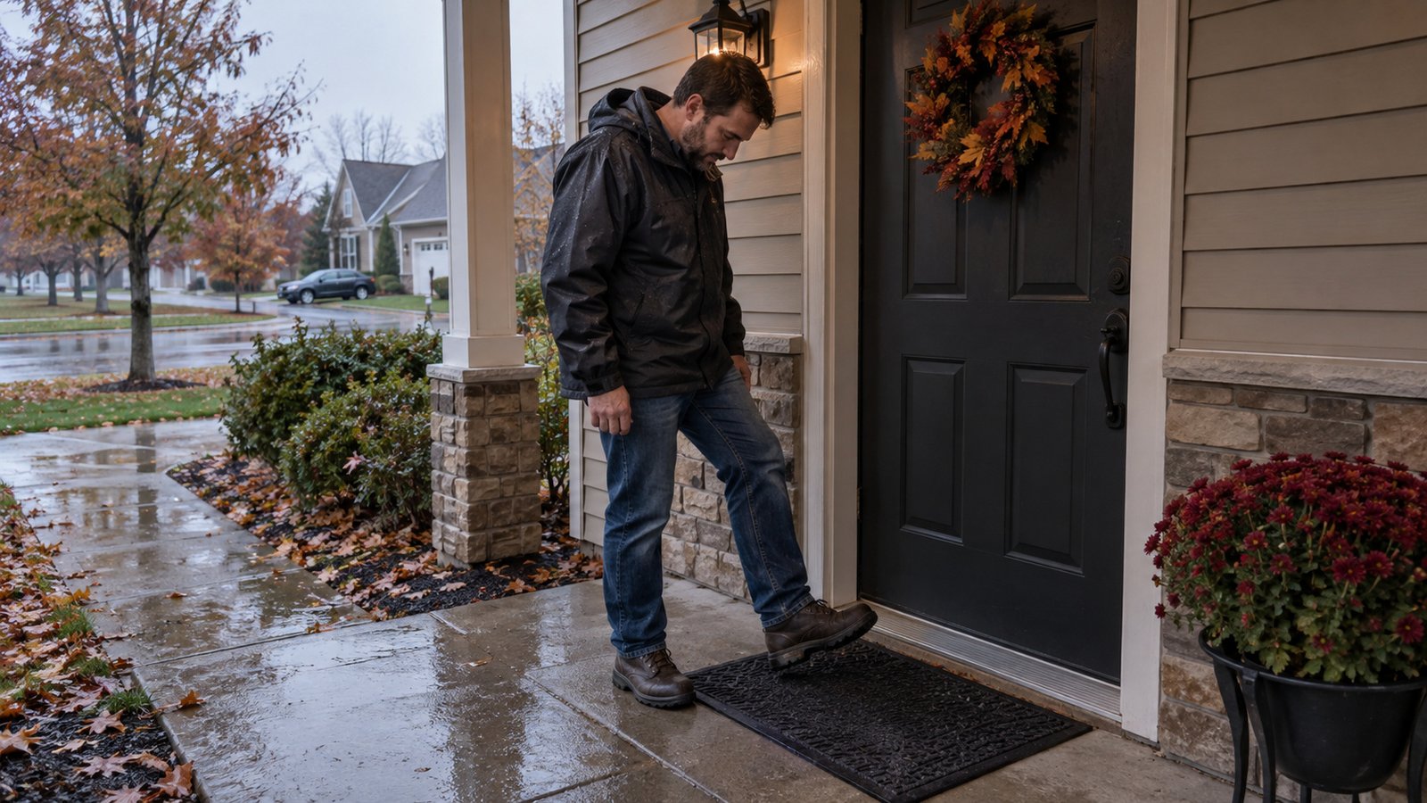 A man in a rain jacket wiping a wet boot on an outdoor mat beside a closed front door.