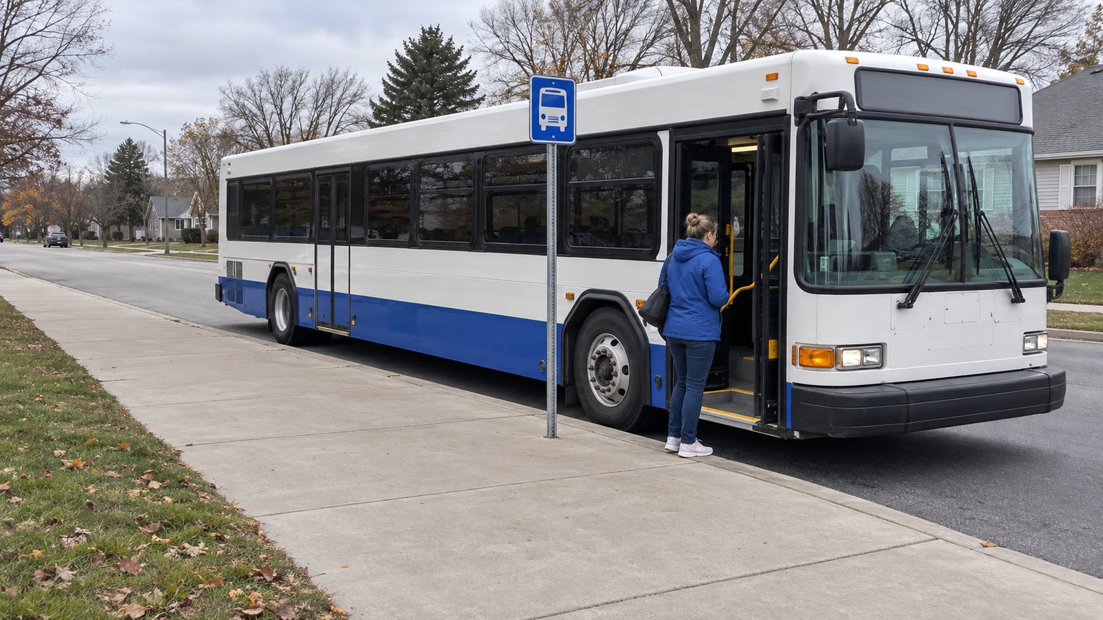 An unbranded city bus at a roadside stop, with a woman waiting on the sidewalk beside the open front door.