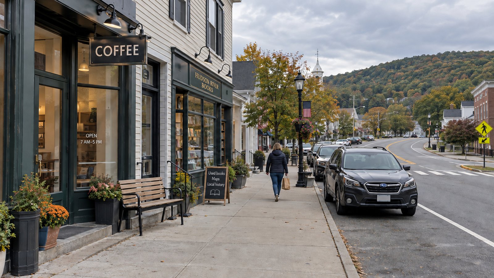 Exploring an everyday route A pedestrian walking beside small storefronts on a curving street